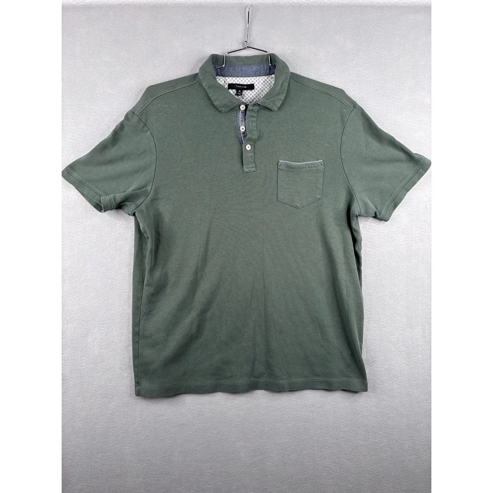 Tahari Mens XL Olive Green Cotton Short Sleeve Pocket Polo Shirt Classic Fit